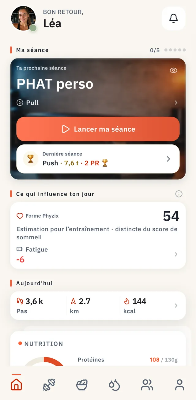Écran d'accueil de l'app Phyzix : prochaine séance, forme du jour, pas et nutrition
