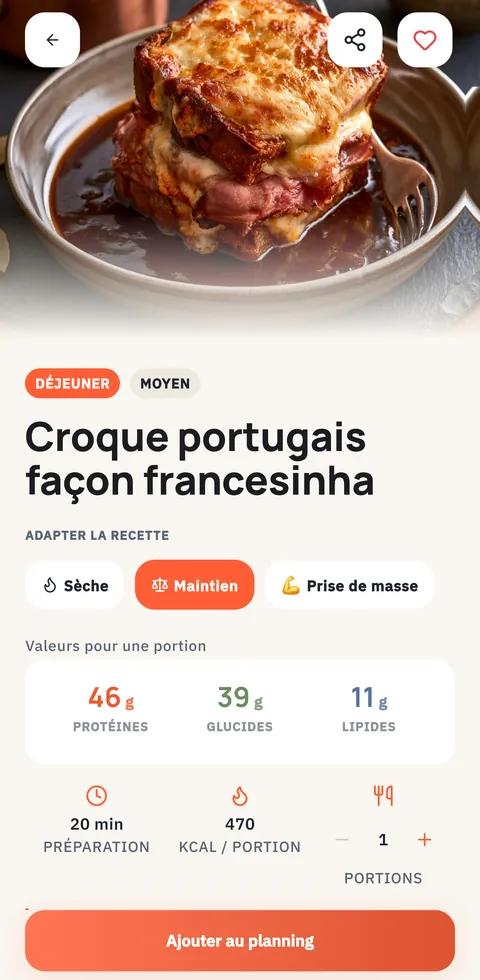 Fiche recette dans Phyzix : macros par portion, version sèche, maintien ou prise de masse