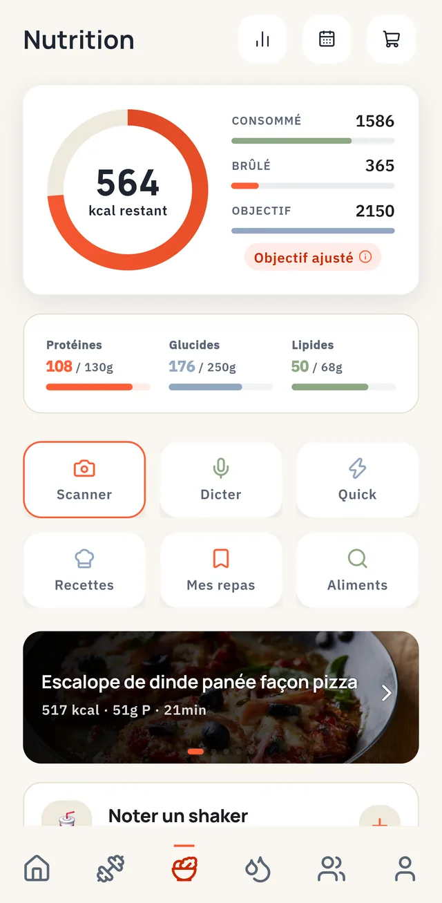 Suivi nutrition dans Phyzix : calories restantes, macros, scan, dictée et recettes