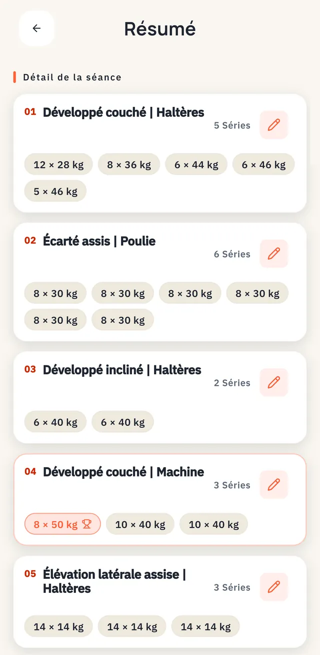 Détail d'une séance dans Phyzix : chaque exercice avec ses séries et ses records